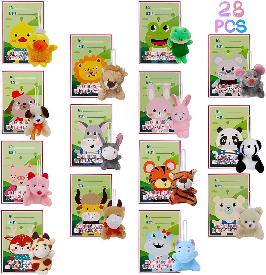 Juegoal 28 Pack Valentines Day Gift Cards for Kids with Animal Plush Toys, Stress Relief Toy Anim... | Amazon (US)
