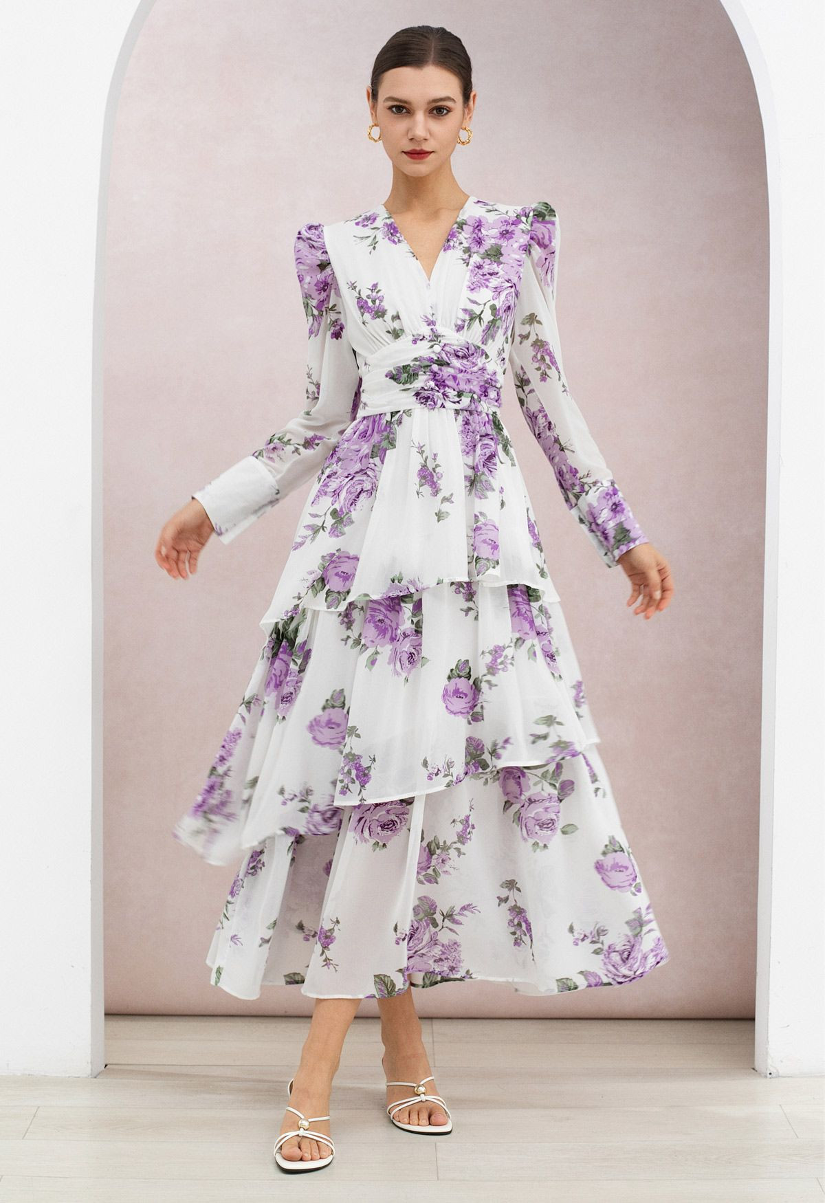 Ethereal Rose Print Tiered Ruffle Chiffon Maxi Dress in Lilac for Garden Parties & Resort Getaway... | Chicwish
