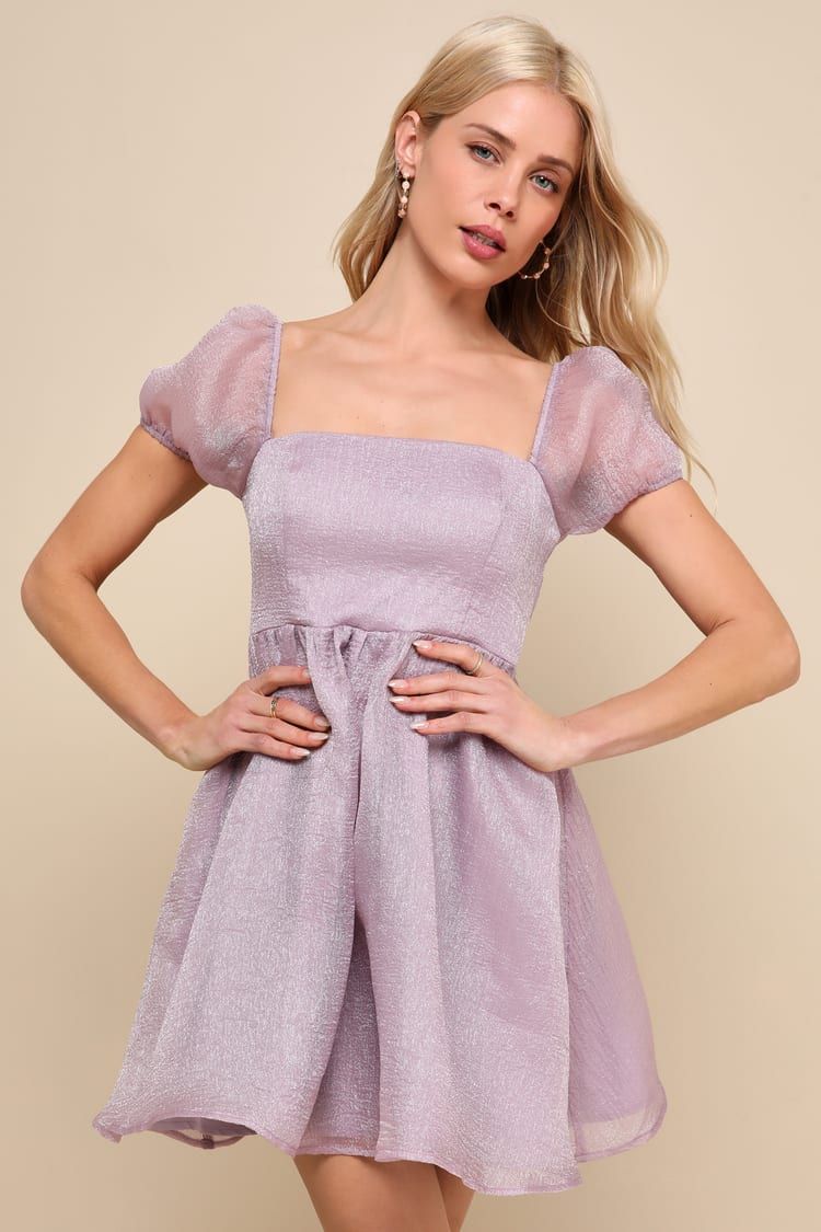Sweetest Grace Shiny Lavender Organza Puff Sleeve Mini Dress | Lulus
