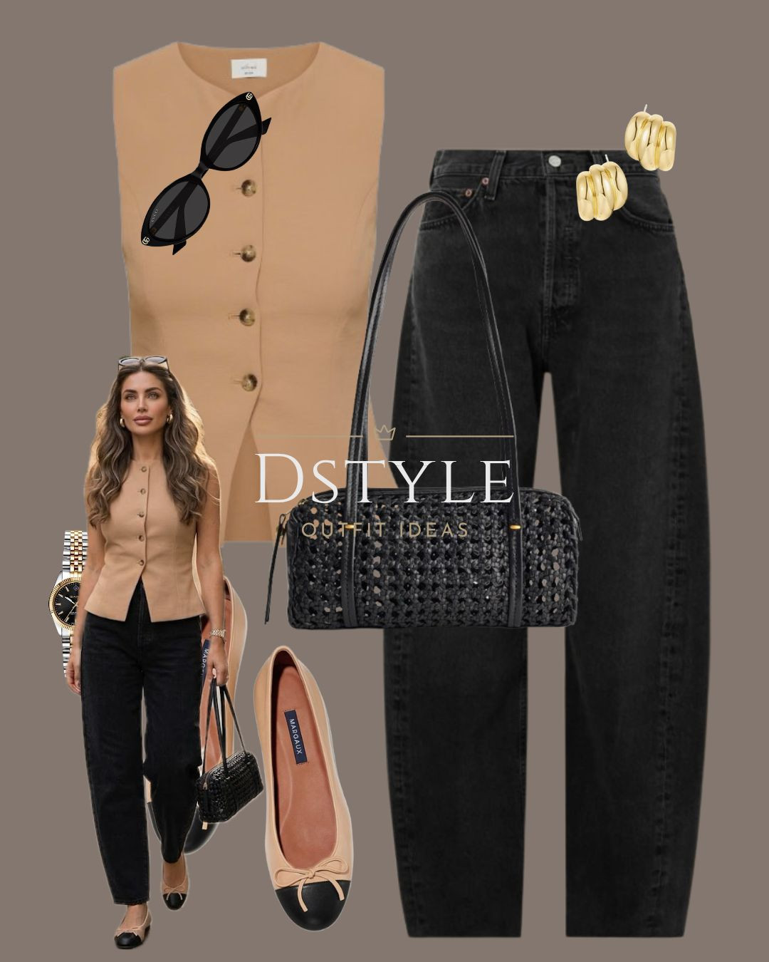 The "cool girl" uniform for spring. 🕊️ I’m completely obsessed with how this tailored camel vest pairs with relaxed black denim. It’s the perfect mix of polished and casual for a coffee run or a lunch meeting. Adding these chic ballet flats and chunky gold hoops to complete the look! 

 

#LTKootd #LTKOver40 #LTKWorkwear
