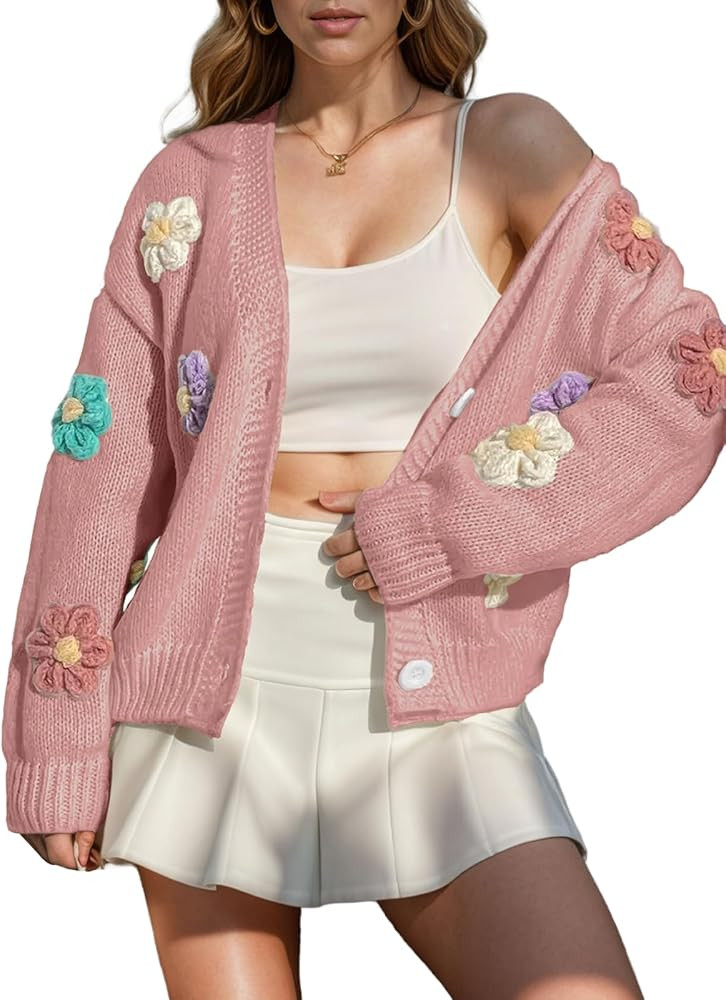 ebossy Women's Ribbed Knit Cardigans Embroidery Aesthetic Pretty Flowers Applique Button Up Sweat... | Amazon (US)