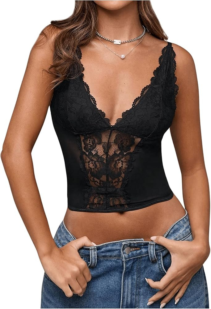 SHENHE Women's Mesh Lace Bustier Corset Top Deep V Neck Spaghetti Strap Fitted Crop Cami Tank | Amazon (US)