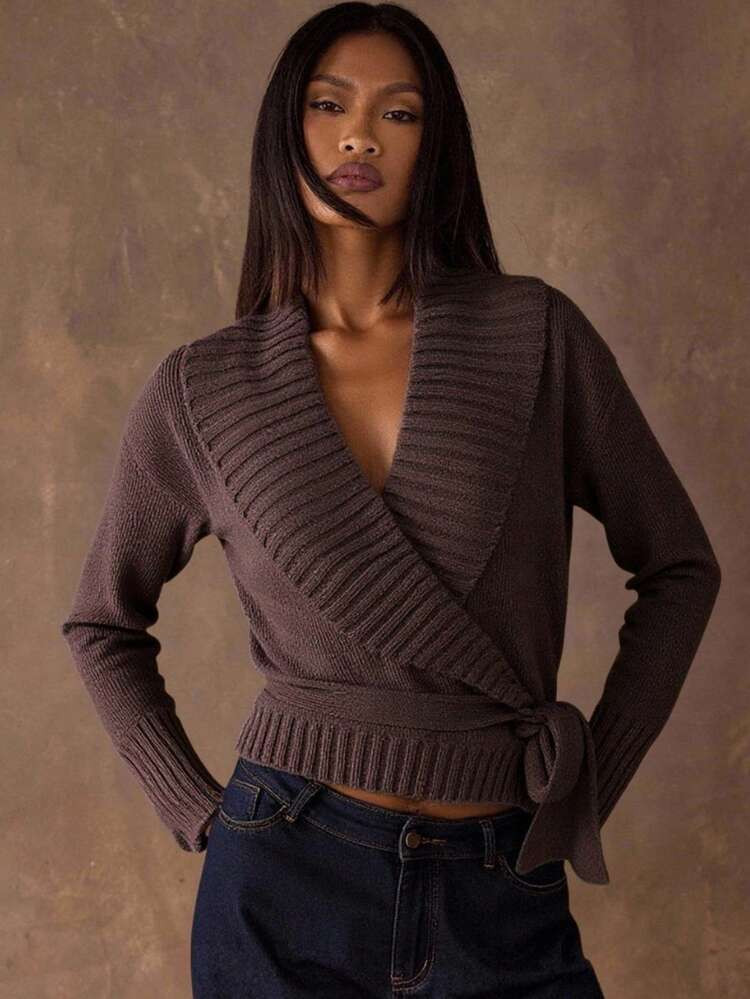 SHEIN BAE Women's Regular Solid Color Shawl Collar Drop Shoulder Long Sleeve Knotted Waist Sweate... | SHEIN