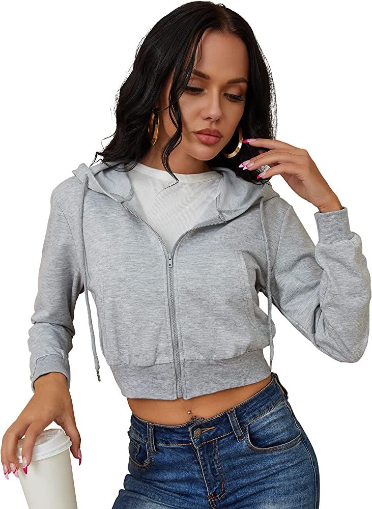 Women's Zip Up Hoodies Cropped Cardigan Jacket Drawstring Hooded Sweatshirts Casual Long Sleeve Top… | Amazon (US)