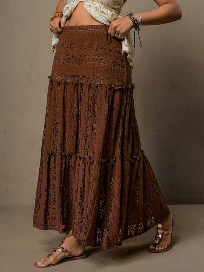 Freevana Plus Size Casual Solid Color Lace Skirt Romantic Western Style Lace Midi Skirt Bohemian ... | SHEIN