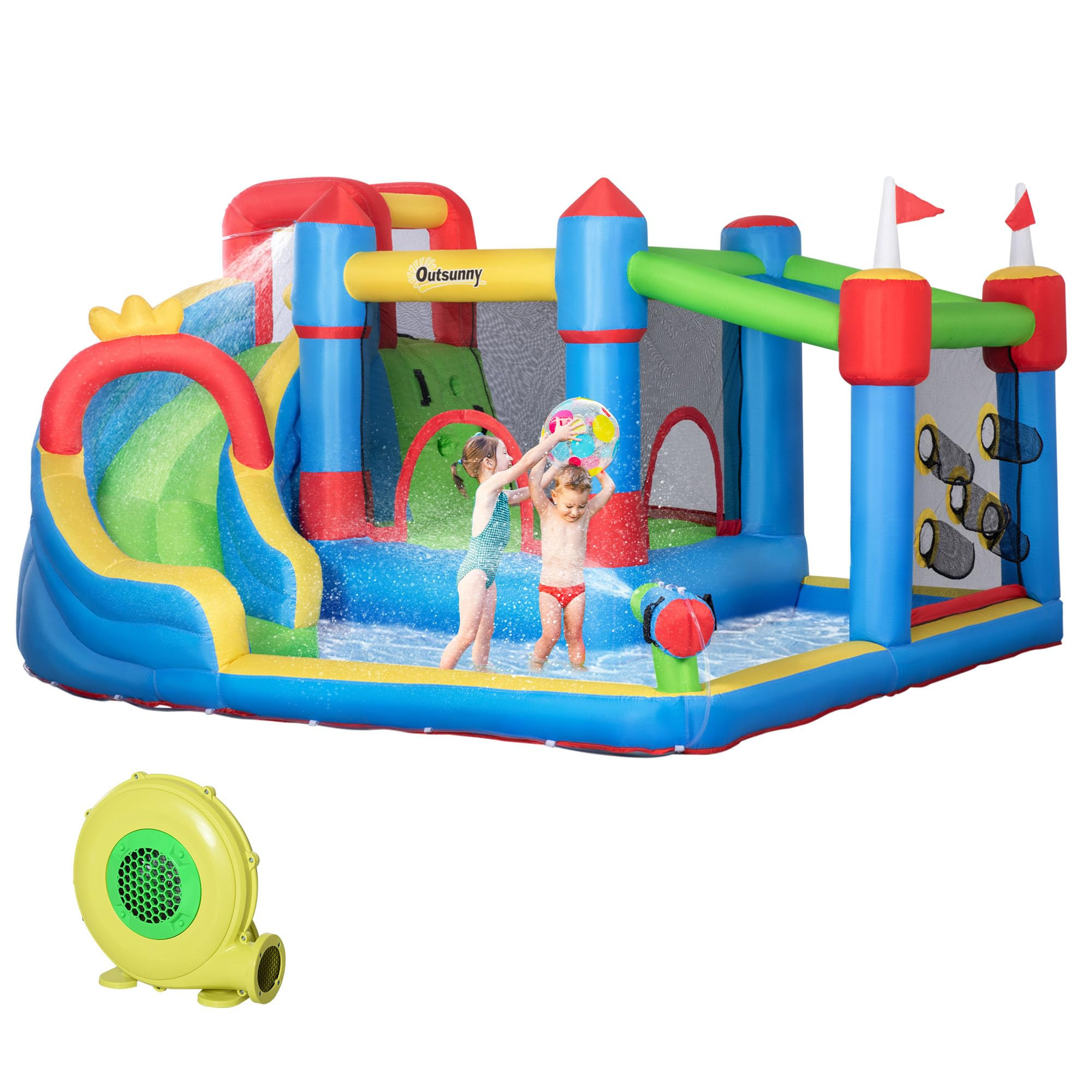 Outsunny 6-in-1 Inflatable Bounce House with Slide, Climbing Wall, Water Cannon, and More, Inflat... | Amazon (US)