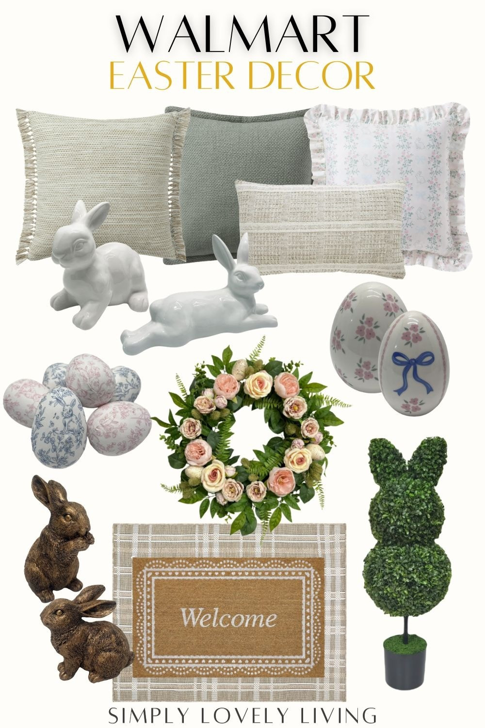 Walmart Easter decor. Easter bunnies. Bunny topiary. Spring wreath. Welcome mat and layered rug. Decorative Easter eggs. #LTKfind #Easter #Spring 

#LTKHome #LTKSeasonal