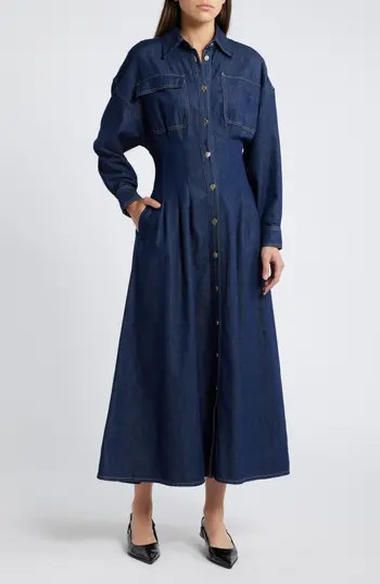FRAME Nipped Long Sleeve Twill Maxi Dress in Rinse at Nordstrom Rack, Size 0 | Nordstrom Rack
