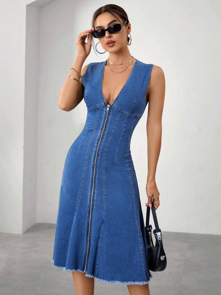 SHEIN Essnce Women's Sexy Slim Fit High Waist Sleeveless Denim Dress | SHEIN