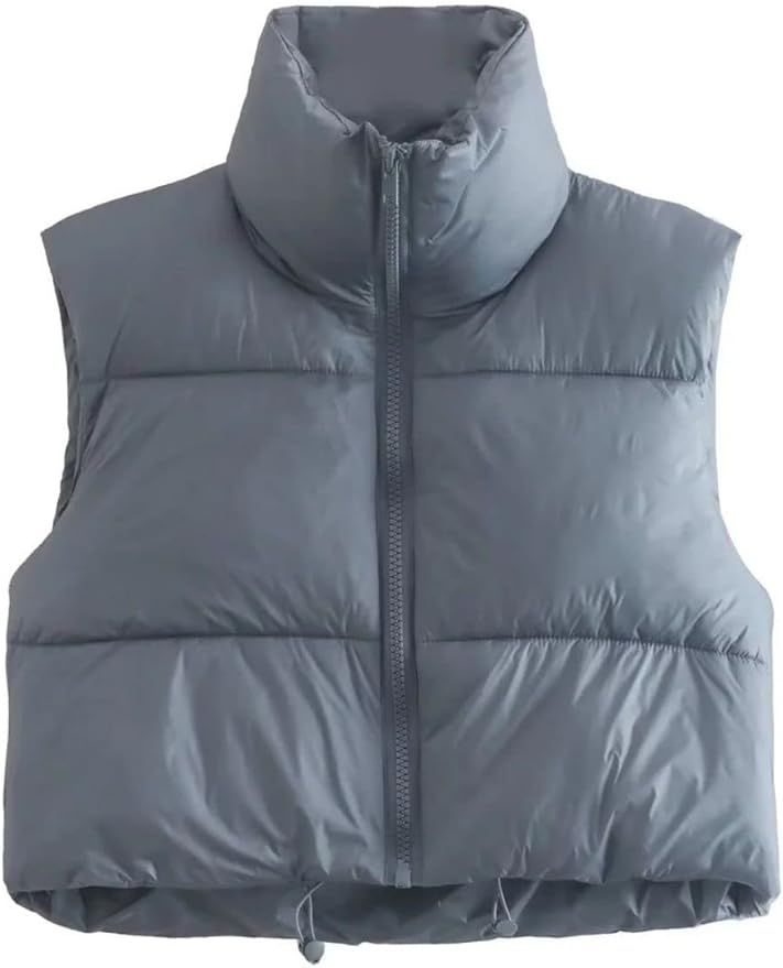 FindThy Women's Warm Cropped Puffer Vest Stand Collar Zip Up