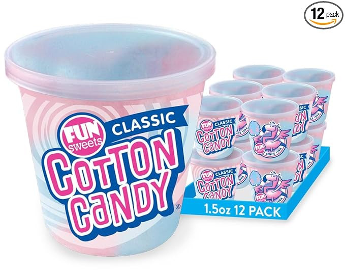 Fun Sweets Cotton Candy 12-Pack - Blue Raspberry and Cherry Swirl 1.5 oz Tub Resealable - Individ... | Amazon (US)