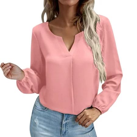WZHKSN Female Solid Pink Long Sleeve V-Neck Tee Tops T Shirt | Walmart (US)