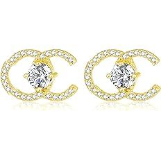 Amazon.com: Double C Crystal Loge Timeless Brilliant diamond c Stud Earrings For Women Teen 18k G... | Amazon (US)