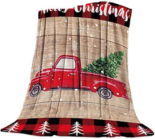 FortuneHouse8 Red Truck with Christmas Tree Flannel Blankets Snowflake Wood Grain Throw Blankets ... | Amazon (US)