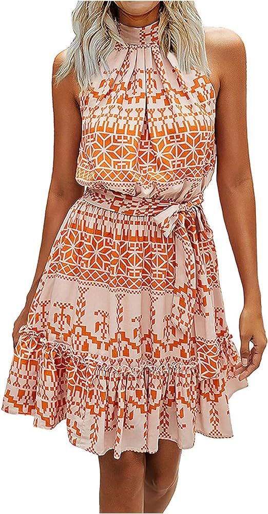 Women’s Casual Halter Neck Sleeveless Floral Long Maxi Dress Loose Ruffle Sundress with Belt | Amazon (US)