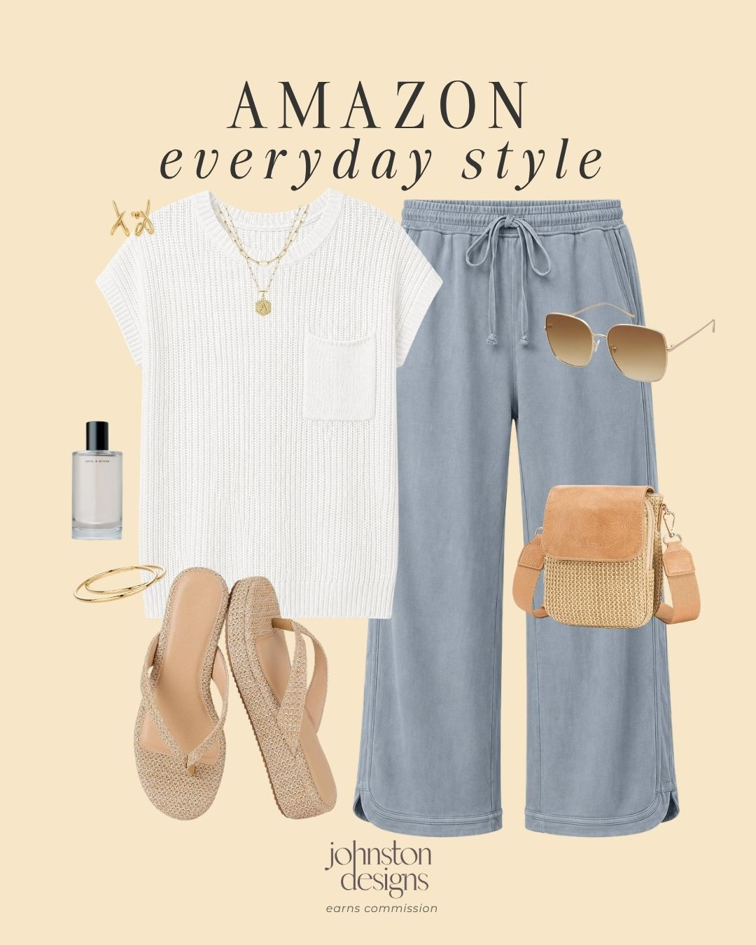 Amazon everyday style 🤍 Love this casual neutral outfit for everyday errands, travel days, school drop off or a comfy everyday look. The sweater vest and wide leg pants are such an elevated cozy combo!

Amazon outfit, Amazon fashion, everyday style, casual outfit, comfy outfit, neutral outfit, sweater vest, wide leg pants, travel outfit, weekend outfit, mom outfit, spring outfit, summer outfit, casual Amazon finds, Amazon style finds, neutral accessories, crossbody bag, casual sandals, gold jewelry, affordable fashion 

 #LTKootd