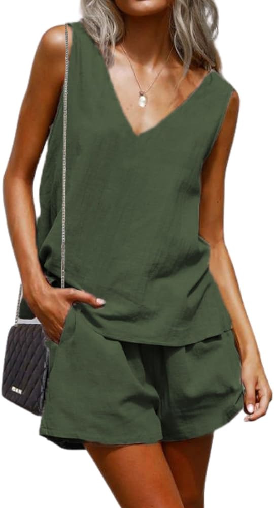 HOTOUCH Women’s Summer 2 Piece Outfits Shorts Sets Sleeveless V Neck Crop Top Tank and High Wai... | Amazon (US)