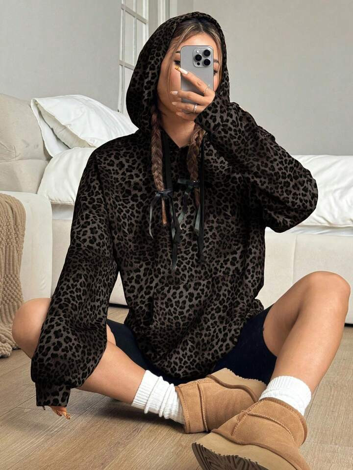 SHEIN MOOSTA Leopard Print Casual Pullover Hooded Sweatshirt | SHEIN USA | SHEIN