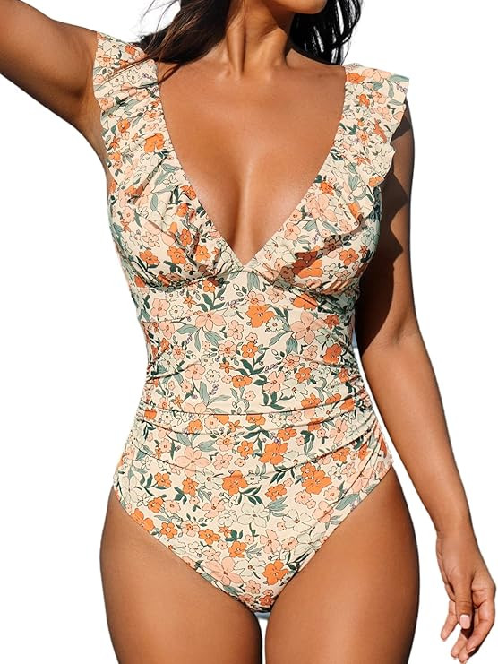 CUPSHE Women's Ruffled One Piece Swimsuit V Neck Lace Up | Amazon (US)