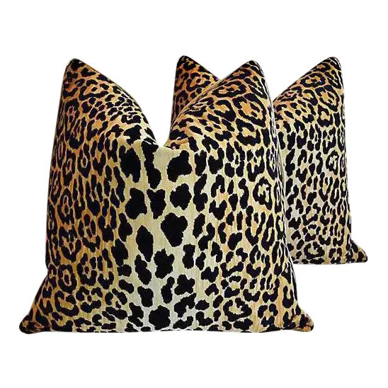 Custom Leopard Spot Safari Velvet Feather Down Pillows - A Pair | Chairish