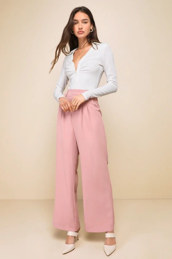 Posh Potential Dusty Rose Twill High Rise Wide Leg Pants Outfit Pink Pants Outfit Pink Trousers | Lulus