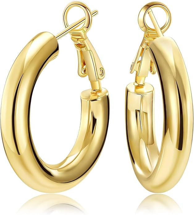 Chunky Gold Hoop Earrings - 14K Gold Plated Earrings for Women Hollow Tube Lightweight Thick Hoop... | Amazon (US)