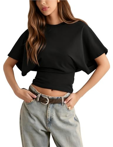 Lumister Shirts for Womens Crewneck Tighten Waist T-Shirt Casual Short Sleeve Workout Tops Solid Color Basic Tees(0781-Black-S) | Amazon (US)
