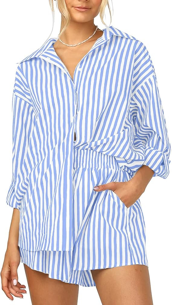 Women’s 2 Piece Outfits Sets Casual Oversized Relaxed Long Sleeve Shirt Loose High Waisted Side... | Amazon (US)