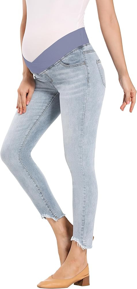 Foucome Women's Maternity Jeans Under The Belly Skinny Jeggings Cute Distressed Jeans Comfy Stret... | Amazon (US)
