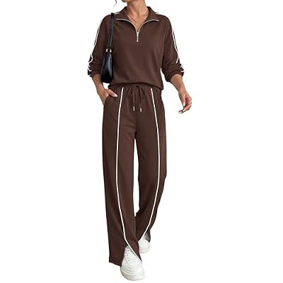 BTFBM Two Piece Sets for Women Fall Fashion 2026 Long Sleeve Half Zip Lounge Set Wide Leg P… | Amazon (US)
