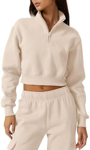 QINSEN Womens Half Zip Crop Sweatshirt High Neck Long Sleeve Pullover Cropped Top | Amazon (US)