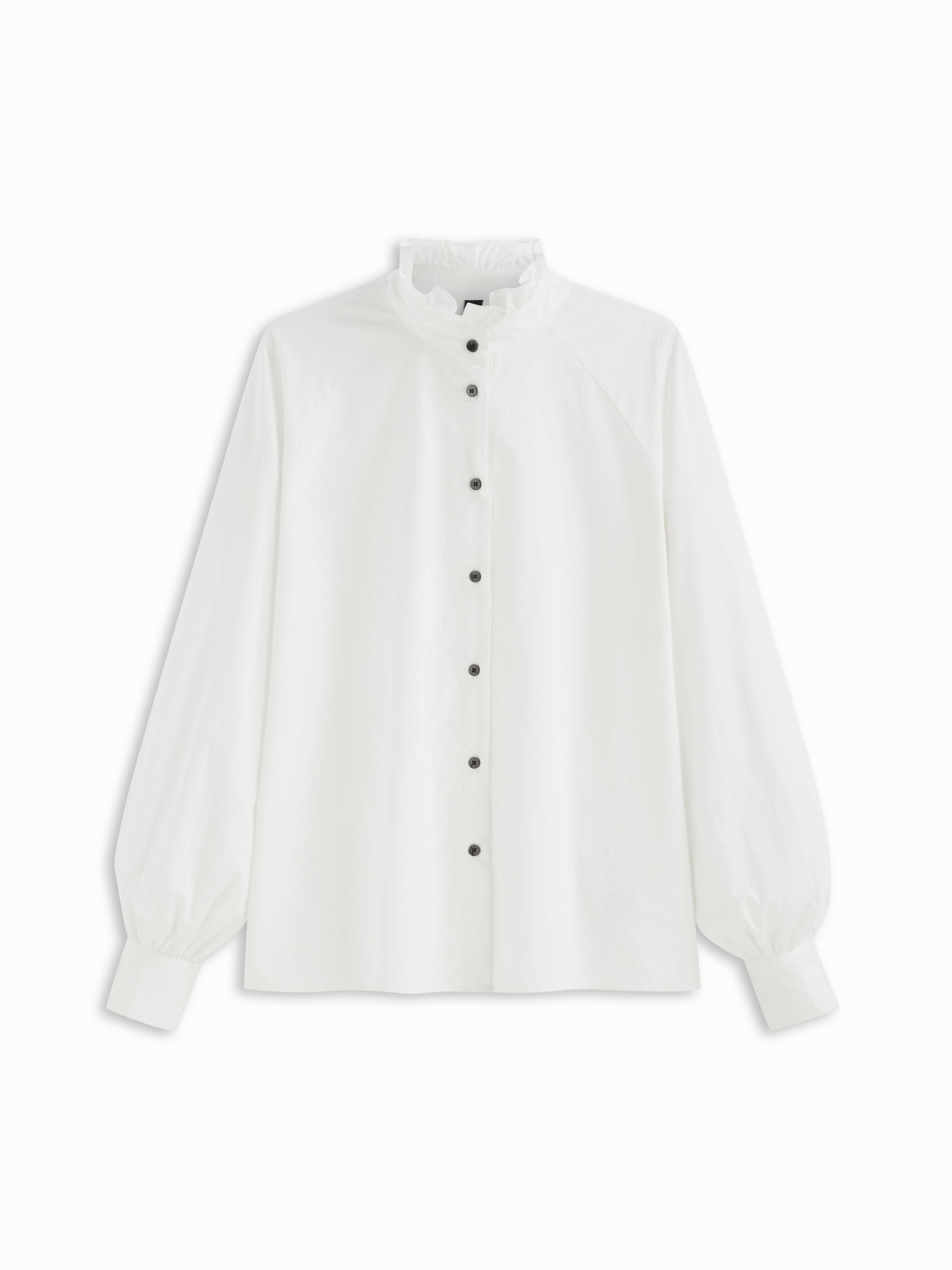 Woven 100% Cotton Stand Collar Lettuce Trim Oversized Long Sleeve Blouse For Daily Casual | Cider