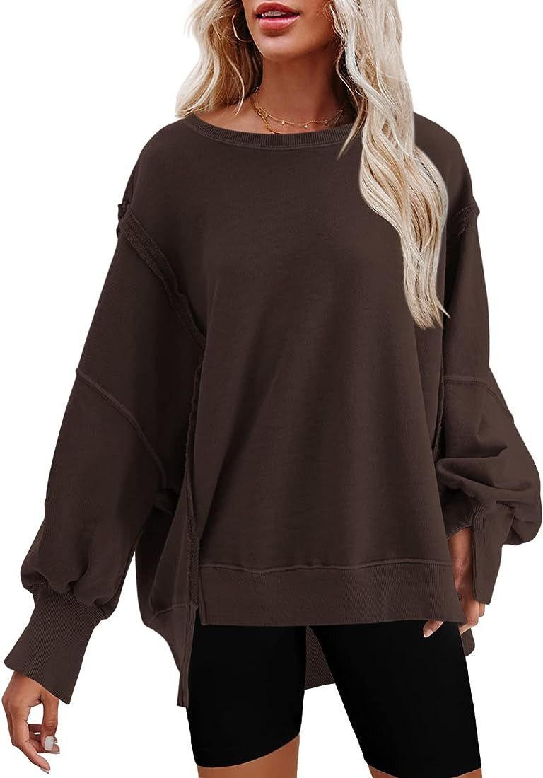 Oversized Crewneck Sweatshirt Side Slit Long Sleeve Pullover Slouchy Fit Tops | Amazon (US)