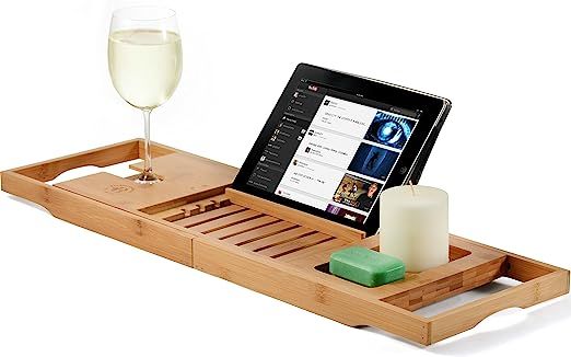 Premium Bamboo Bathtub Tray Caddy - Wood Bath Tray Expandable with Book and Wine Holder - Gift Id... | Amazon (US)