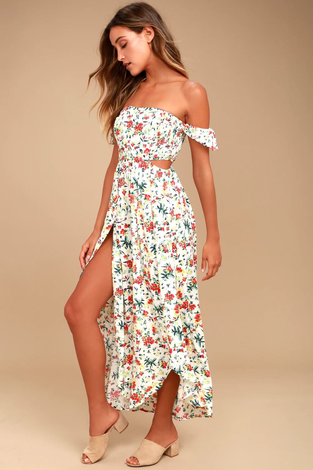 Easy on the Eyes Cream Floral Print Off-the-Shoulder Maxi Dress | Lulus