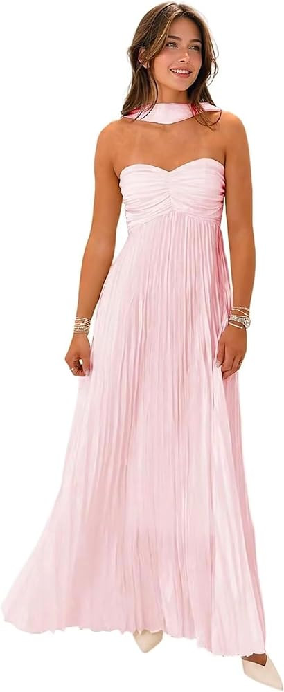 Lorencia Strapless Chiffon Bridesmaid Dresses with Scarf Long Pleated A Line Prom Formal Evening ... | Amazon (US)