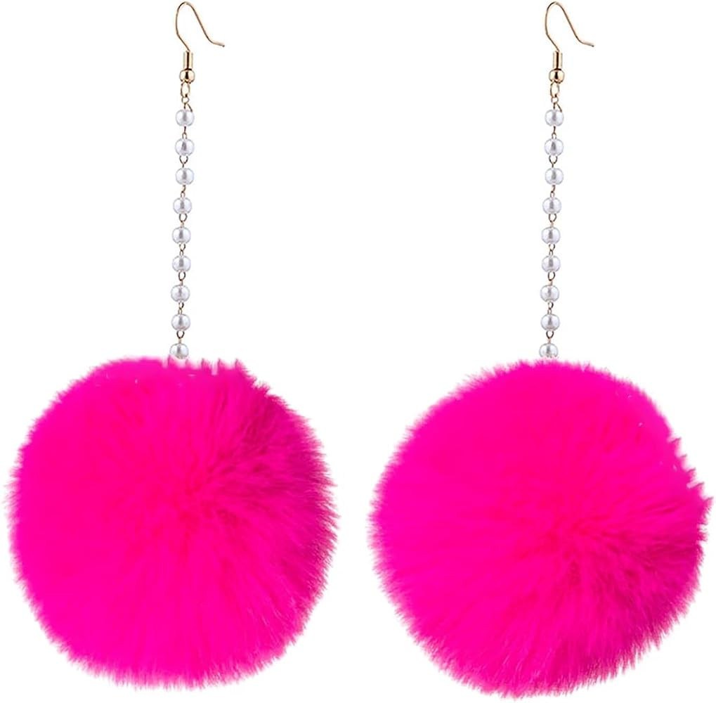 Pom Pom Earrings for Women Fluffy Ball Earrings Pink Pom Pom Earings Fur Fluffy Earings Hot Pink ... | Amazon (CA)