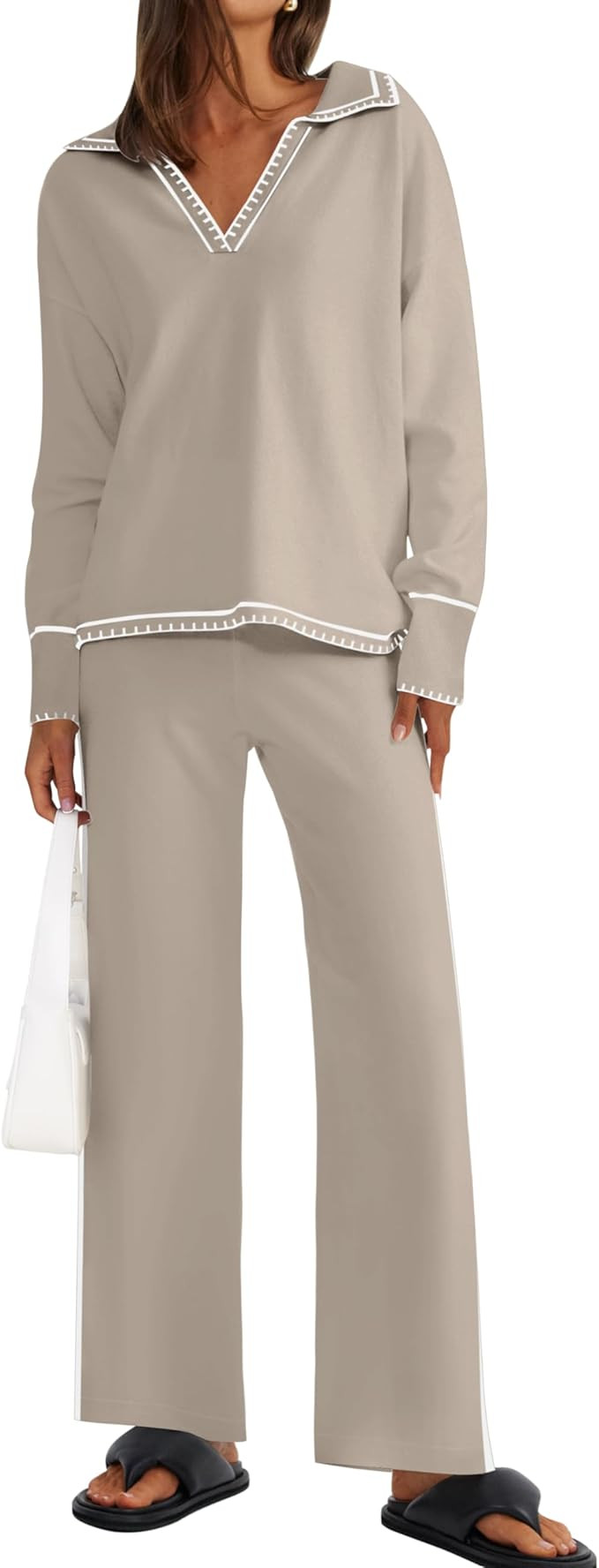 ZESICA Women's 2 Piece Fall Outfits Long Sleeve V Neck Knit Sweater Tops Wide Leg Pants Sweatsuit... | Amazon (US)