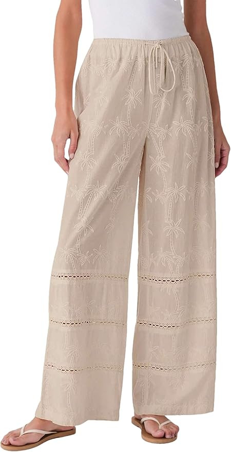 Women's Wide Leg Pants Casual Drawstring Elastic Waist Lace Palazzo Pants with Pockets | Amazon (US)