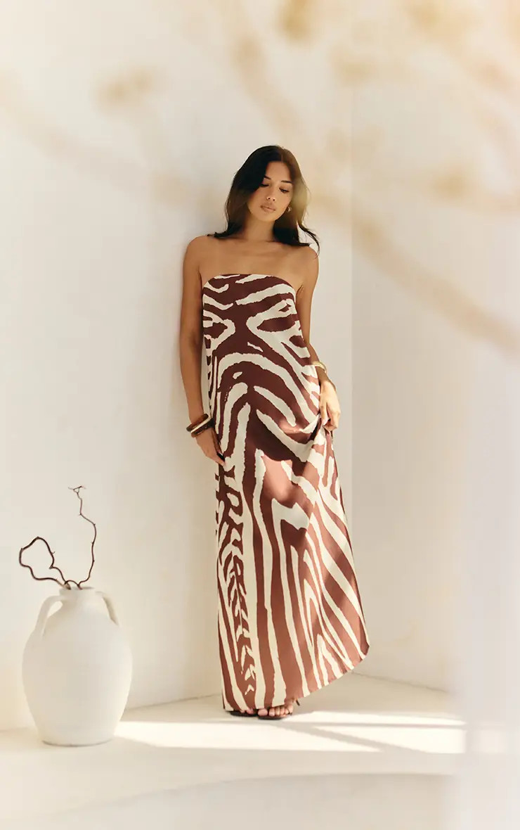 TAN Zebra Abstract Print Woven Bandeau Maxi Dress | PrettyLittleThing UK