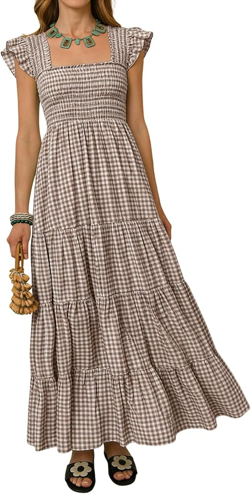 R.Vivimos Womens Cotton Plaid Flutter Sleeve Smocked Maxi Dress | Amazon (US)
