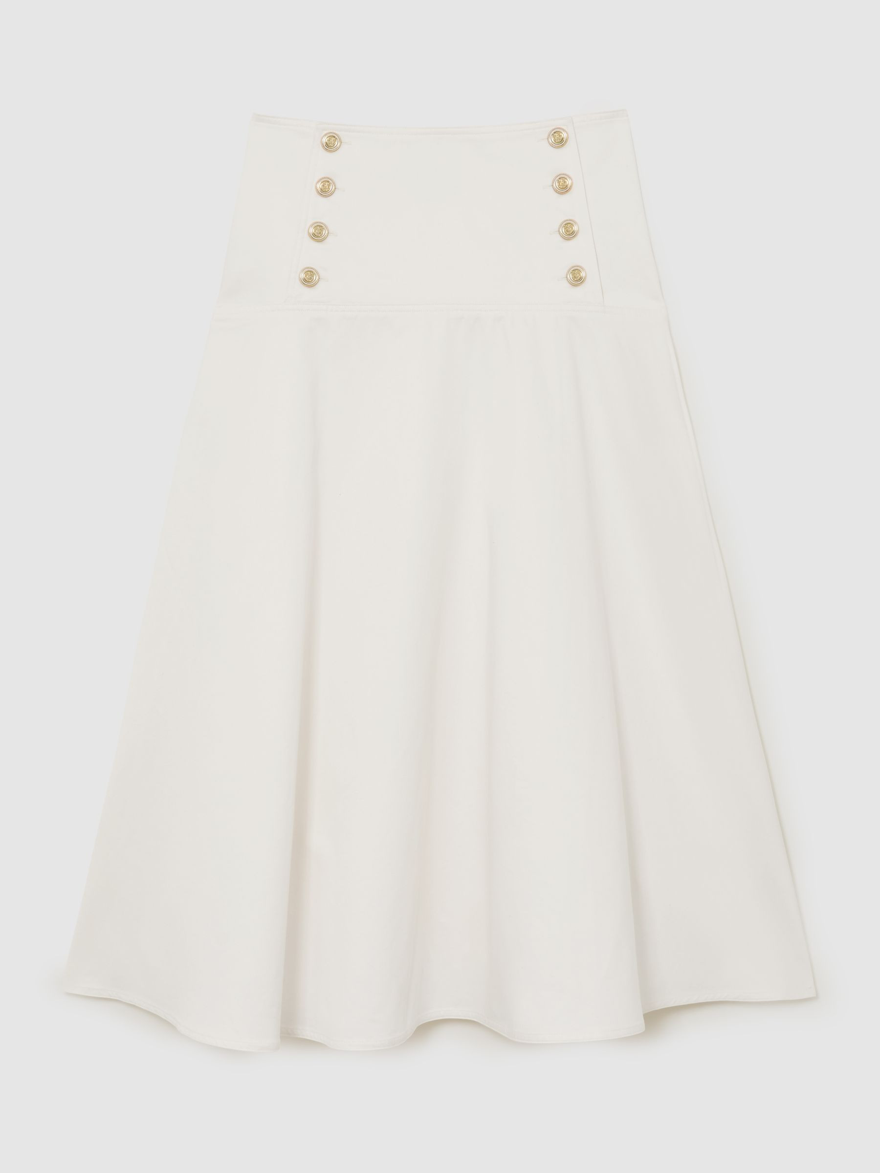 Reiss Cotton Button-Detail Midi Skirt in Ivory - REISS | Reiss UK