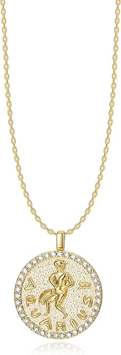 Constellation Necklace Pendant 14K Gold-Plated Hammered Round Disc Engraved Zodiac Sign Pendant 1... | Amazon (US)