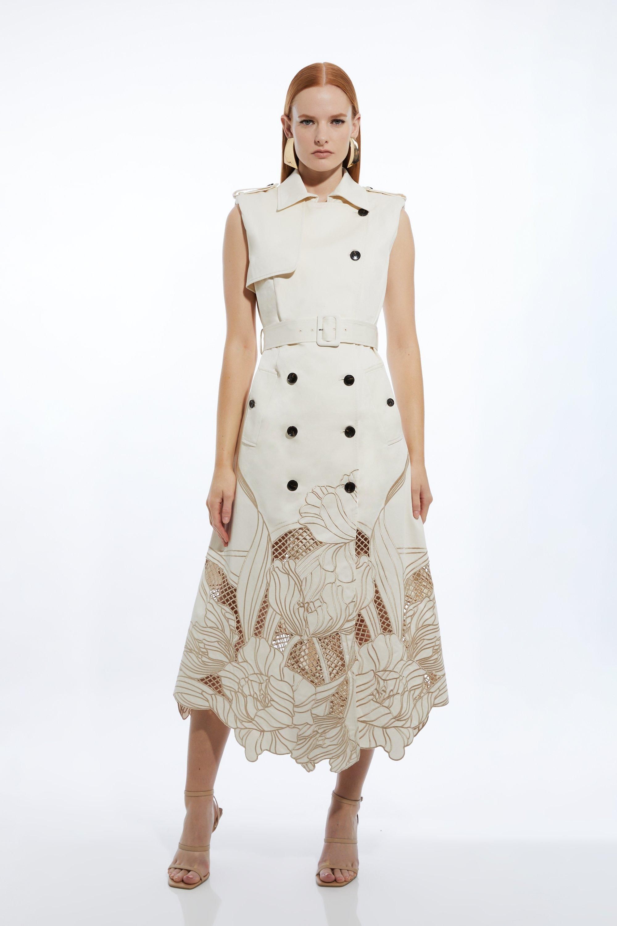 Tailored Cotton Cutwork Embroidered Belted Trench Style Midaxi Dress | Karen Millen UK + IE + DE + NL