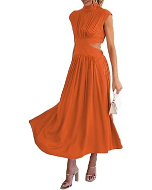 Yuemengxuan Women Pleated Maxi Dress Mock Neck Cut Out Sleeveless Long Flowy Dresses Elegant Cock... | Amazon (US)