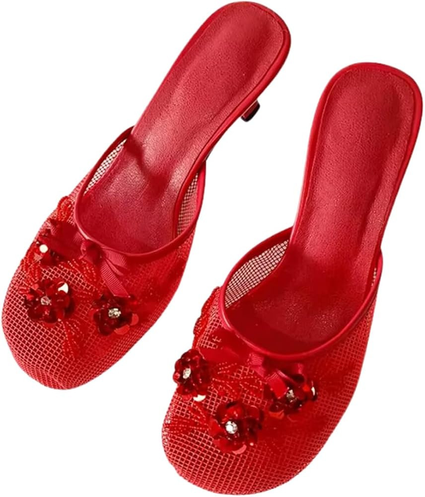 Goolita Summer Flower Beaded Mesh Mule Heels For Women, Closed Round Toe Slingback Kitten Heels B... | Amazon (US)