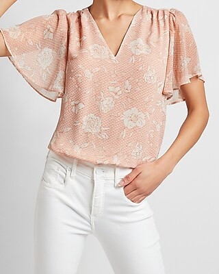 Textured Floral Flutter Sleeve Top | Express