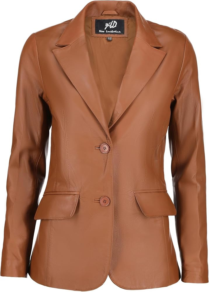 Jild Classic 2-Button Lambskin Leather Blazer Women - Casual Coat Long Sleeves Suit Style Leather... | Amazon (US)