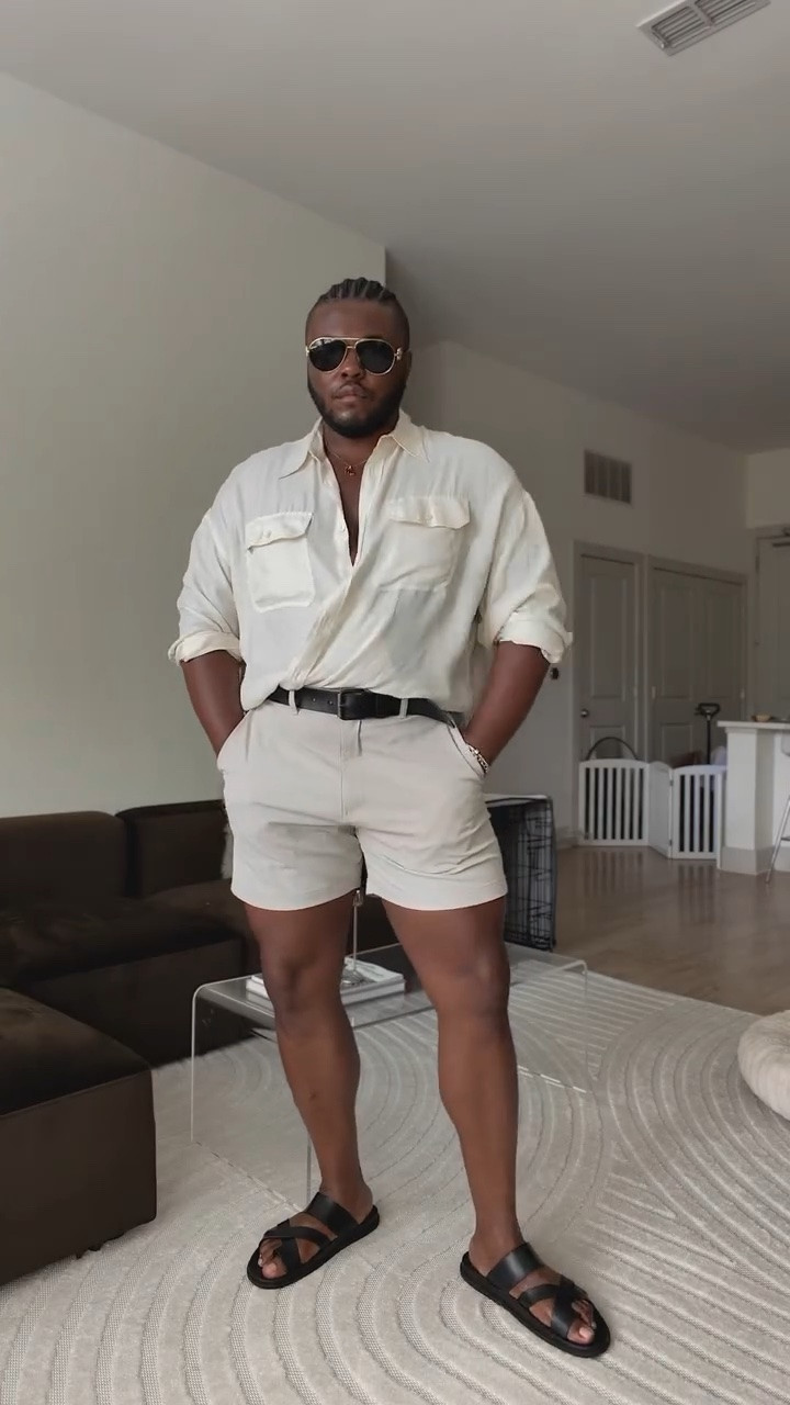 Tonal summer dressing, but make it interesting. Kept the palette neutral and played with proportion and texture—a fluid utility shirt styled with a crossover tuck, short shorts and black leather sandals. Everything from the look is linked below.

#LTKootd #LTKMens