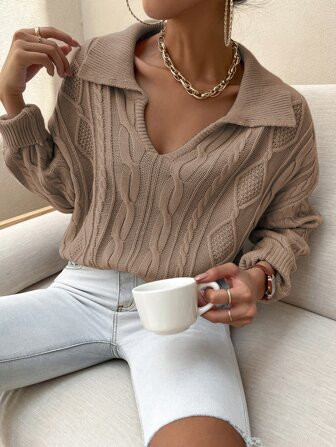 SHEIN Essnce V-neck Collared Cable Knit Sweater | SHEIN